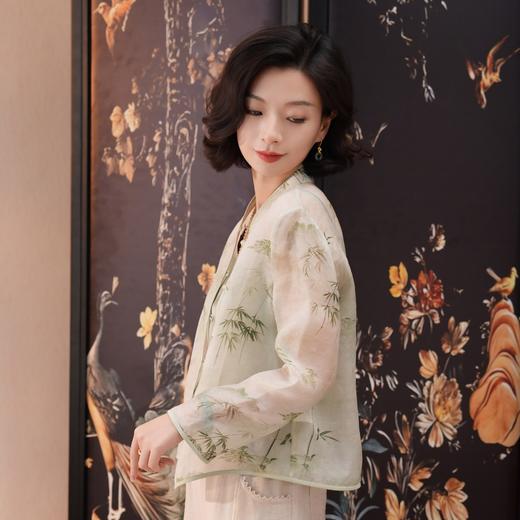西子/竹露清桑蚕丝欧根纱夏季新中式竹叶印花外套/WTHJ0568 商品图3