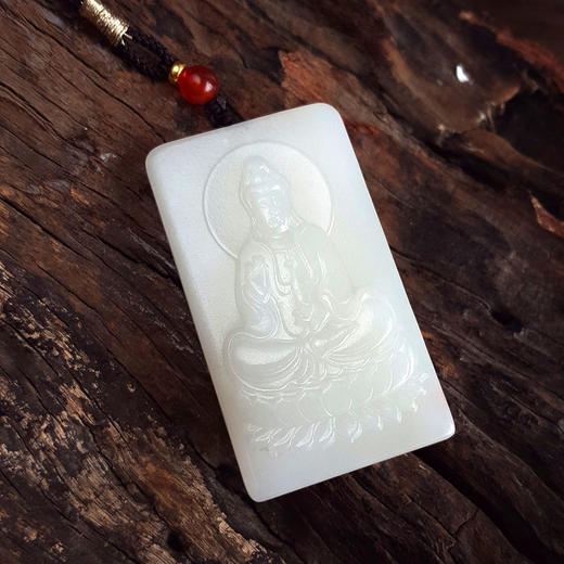 【天然正品】天然青海料细腻一级白油润度佳雕观音造型平安无事牌和田玉吊坠项链57.5*32.7*8.4MM（皆取最大值）140426NJ19 商品图4