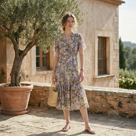 PALUOPO/PLV领收腰显瘦紫罗兰印花重磅真丝连衣裙ES2F0819Z 商品图1