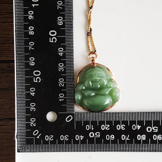 【天然正品】AU750精品玫瑰金镶钻镶天然细腻菠菜绿无黑点佛公造型碧玉猫眼和田玉吊坠项链 链长：45CM（长度可调节）160426NJM68 商品图2