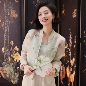 西子/竹露清桑蚕丝欧根纱夏季新中式竹叶印花外套/WTHJ0568