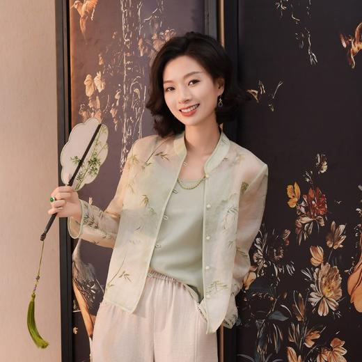 西子/竹露清桑蚕丝欧根纱夏季新中式竹叶印花外套/WTHJ0568 商品图1