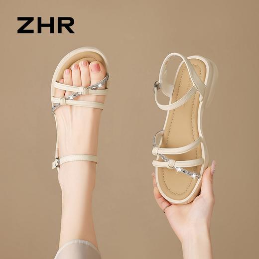 ZHR法式水钻交织细带平底凉鞋女鞋2026新款百搭通勤轻便罗马凉鞋 商品图5