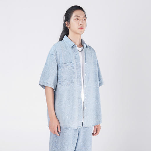 水洗牛仔提花短袖衬衫 商品图1
