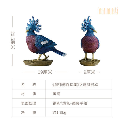 铜师傅 铜摆件《铜师傅百鸟集》之蓝凤冠鸠 铜工艺品 家居饰品摆件 商品图4