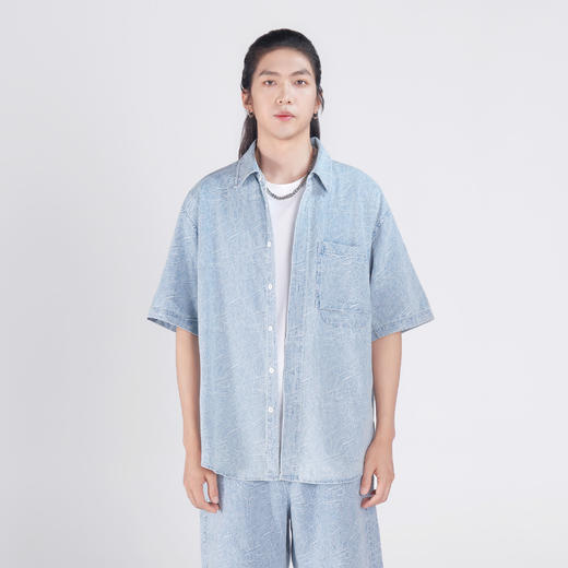 水洗牛仔提花短袖衬衫 商品图0