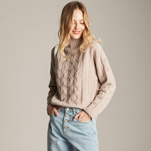 PALUOPO/PL帕罗7针加厚半高领立体绞花软糯亲肤羊绒衫女ET20016R-A 商品图0