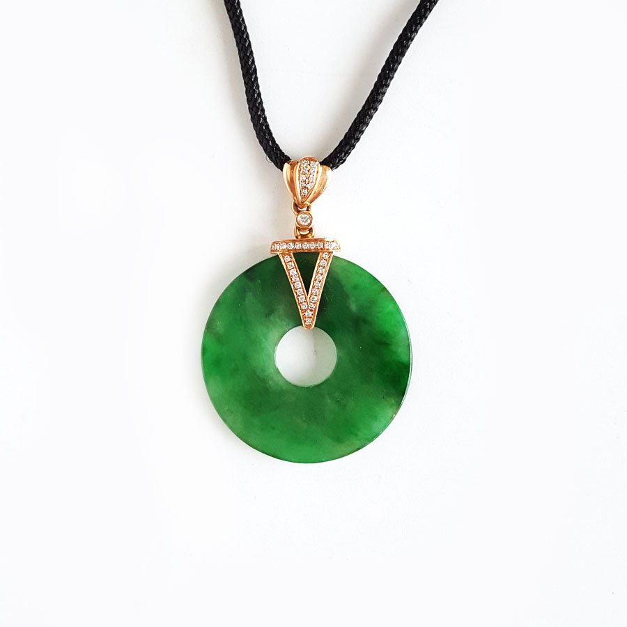 【天然正品】 A货翡翠 AU750玫瑰金镶钻镶天然细腻满绿糯冰种平安扣翡翠吊坠项链 100426TJ12