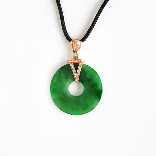 【天然正品】 A货翡翠 AU750玫瑰金镶钻镶天然细腻满绿糯冰种平安扣翡翠吊坠项链 100426TJ12 商品图0