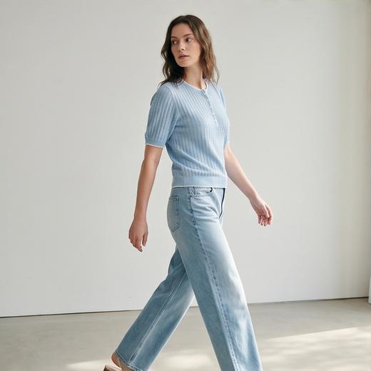 PALUOPO/PL含桑蚕丝圆领时尚撞色短袖减龄舒适百搭针织T恤ES251151Z 商品图3