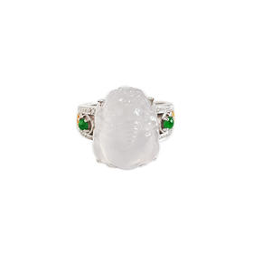 【天然正品】 A货翡翠 AU750收藏级白金镶钻镶天然细腻白色冰种瑞兽翡翠戒指 16.5号（戒圈可改） 010426NJT10