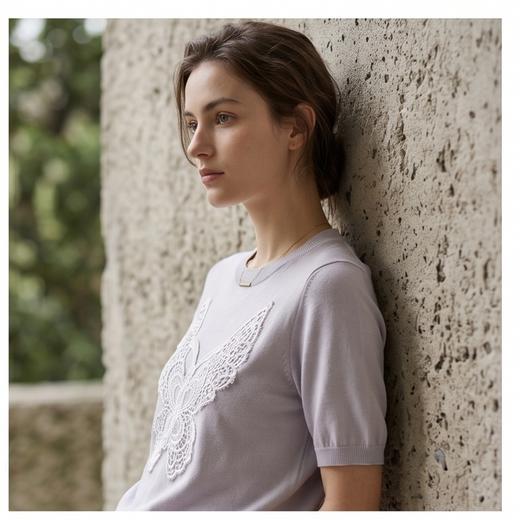 PALUOPO/PL重工刺绣圆领时尚蝴蝶短袖龄舒适含桑蚕丝针织T恤ES251150Z 商品图2