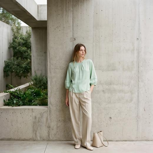 PALUOPO/PL19姆米弹力提花圆领新中式独特斜门襟桑蚕丝衬衫ES250108Z 商品图1