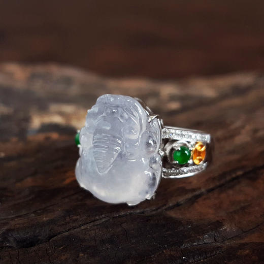 【天然正品】 A货翡翠 AU750收藏级白金镶钻镶天然细腻白色冰种瑞兽翡翠戒指 16.5号（戒圈可改） 010426NJT10 商品图3