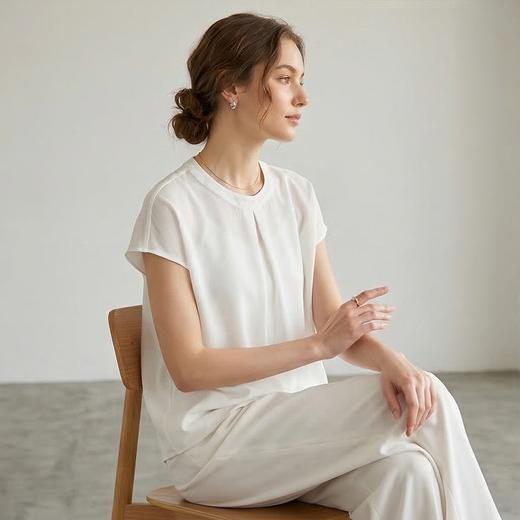 PALUOPO/PL圆领显白纯色慵懒优雅桑蚕丝上衣短袖T恤ES2F0527Z 商品图3