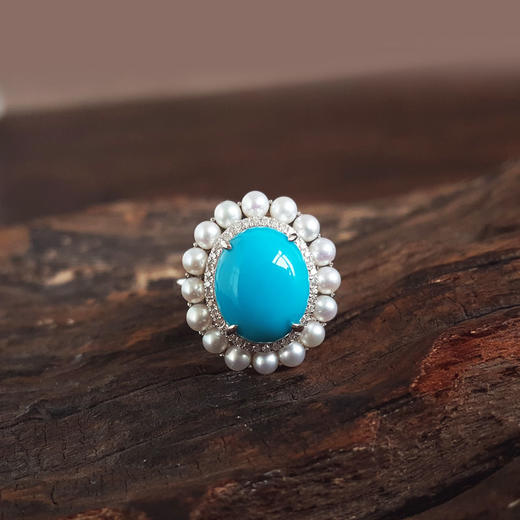 【天然正品】 AU750精品白金镶钻镶天然原矿高瓷高蓝蛋面绿松石配珍珠戒指 14号（戒圈可改） 010426NJT13 商品图4