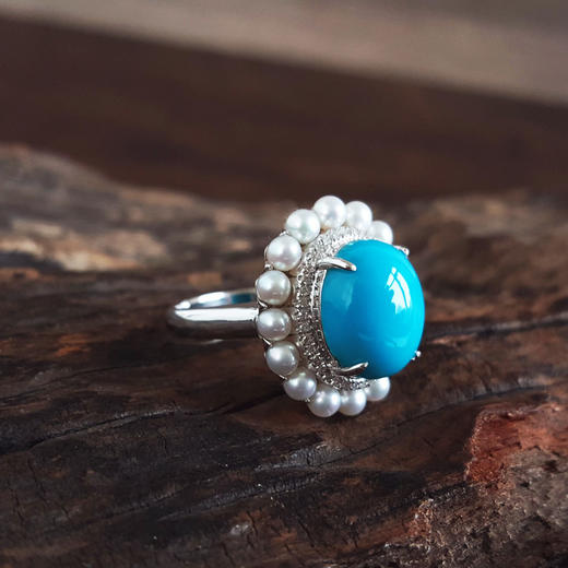 【天然正品】 AU750精品白金镶钻镶天然原矿高瓷高蓝蛋面绿松石配珍珠戒指 14号（戒圈可改） 010426NJT13 商品图5