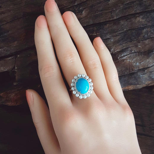 【天然正品】 AU750精品白金镶钻镶天然原矿高瓷高蓝蛋面绿松石配珍珠戒指 14号（戒圈可改） 010426NJT13 商品图7