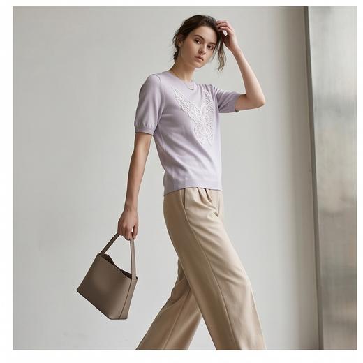 PALUOPO/PL重工刺绣圆领时尚蝴蝶短袖龄舒适含桑蚕丝针织T恤ES251150Z 商品图3