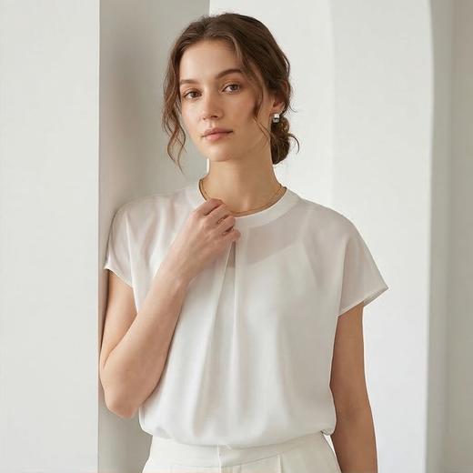 PALUOPO/PL圆领显白纯色慵懒优雅桑蚕丝上衣短袖T恤ES2F0527Z 商品图2