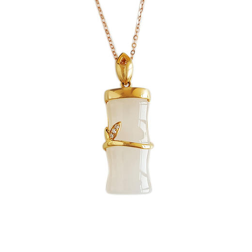 老凤祥AU750黄金镶钻镶天然青海料细腻竹节造型和田玉吊坠项链 链长：45CM（长度可调节） 080426NJS31 商品图0