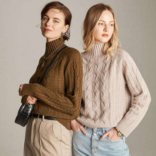 PALUOPO/PL帕罗7针加厚半高领立体绞花软糯亲肤羊绒衫女ET20016R-A 商品图9