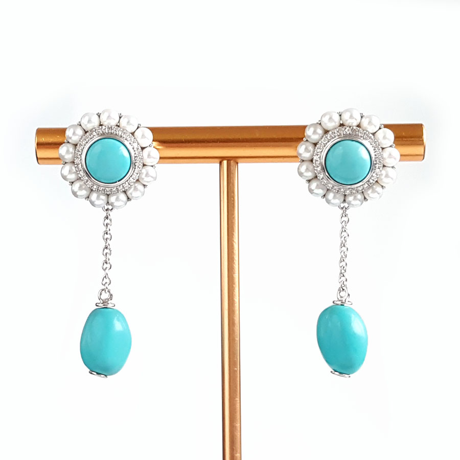 【天然正品】 AU750精品白金镶钻镶天然原矿高瓷高蓝绿松石配珍珠耳坠 010426NJT04