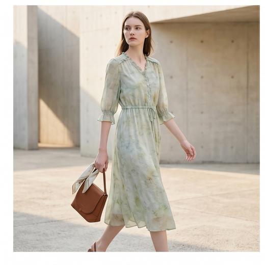 PALUOPO/PL桑蚕丝V领优雅减龄印花裙中长款真丝连衣裙ES250851Z 商品图2