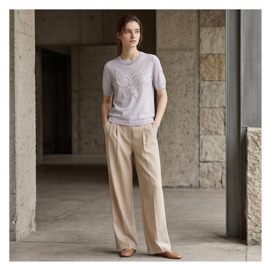 PALUOPO/PL重工刺绣圆领时尚蝴蝶短袖龄舒适含桑蚕丝针织T恤ES251150Z 商品图1