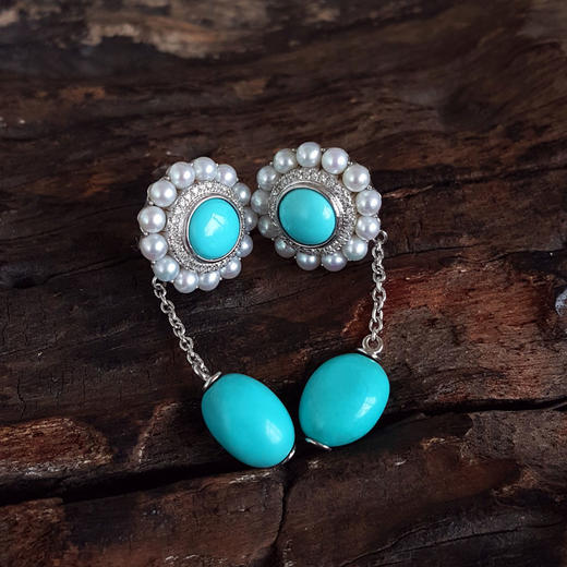 【天然正品】 AU750精品白金镶钻镶天然原矿高瓷高蓝绿松石配珍珠耳坠 010426NJT04 商品图4