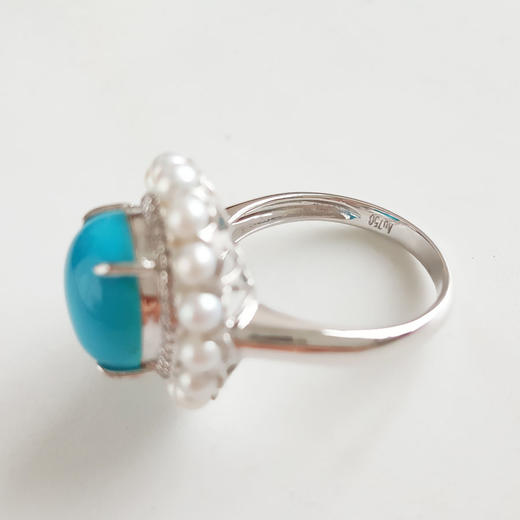 【天然正品】 AU750精品白金镶钻镶天然原矿高瓷高蓝蛋面绿松石配珍珠戒指 14号（戒圈可改） 010426NJT13 商品图2