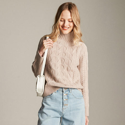 PALUOPO/PL帕罗7针加厚半高领立体绞花软糯亲肤羊绒衫女ET20016R-A 商品图1