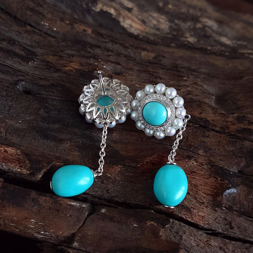 【天然正品】 AU750精品白金镶钻镶天然原矿高瓷高蓝绿松石配珍珠耳坠 010426NJT04 商品图5