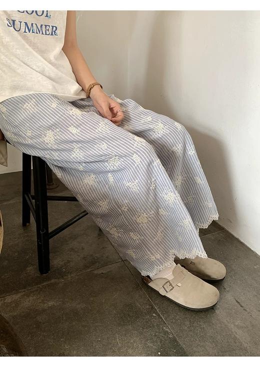蓝白条纹+立体刺绣棉料直筒阔腿裤 商品图6