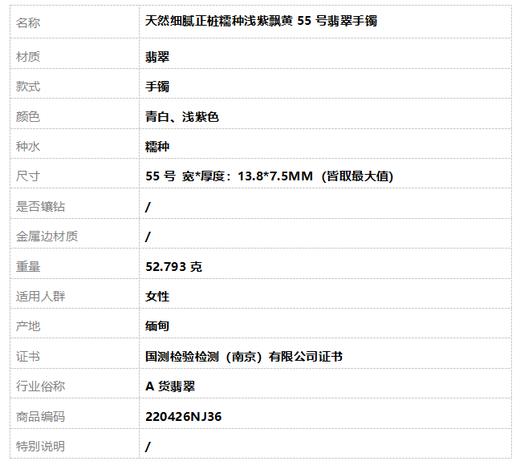 【天然正品】 A货翡翠 天然细腻正桩糯种浅紫飘黄55号翡翠手镯 220426NJ36 商品图9