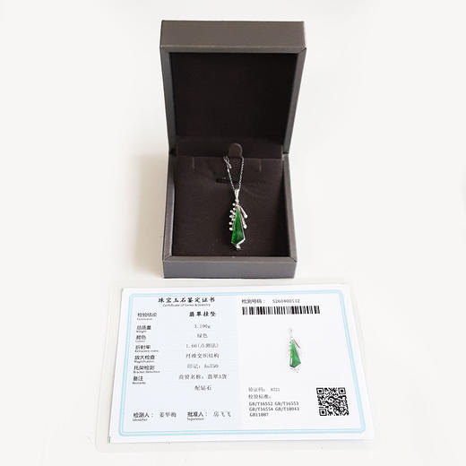 【天然正品】A货翡翠 AU750白金镶钻镶天然时尚设计师款细腻冰种满绿翡翠吊坠项链 301025AH65 商品图1