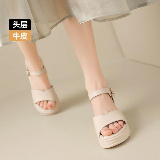ZHR则则头层牛皮增高厚底一字凉鞋2026夏季新款坡跟高跟女鞋 商品图3