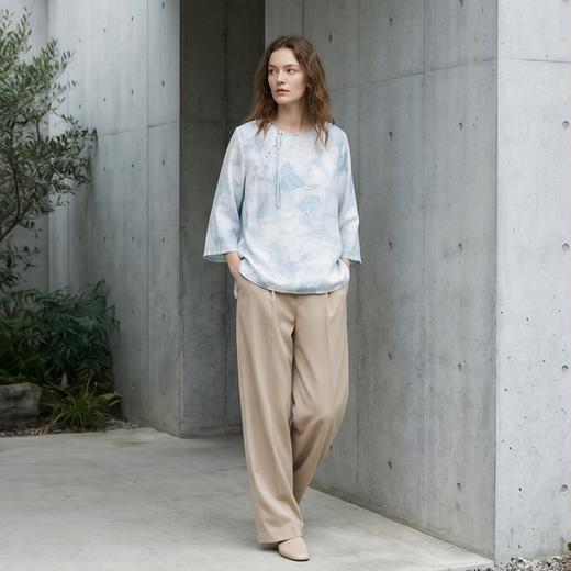 PALUOPO/PL19姆米桑波缎圆领宽松国风印花重磅桑蚕丝T恤ES2F1027Z 商品图1