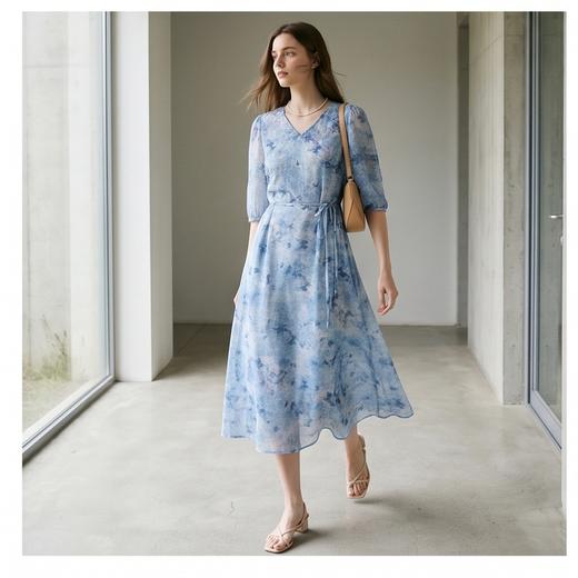 PALUOPO/PL桑蚕丝V领减龄印花优雅气质时尚真丝连衣裙ES250830Z 商品图2