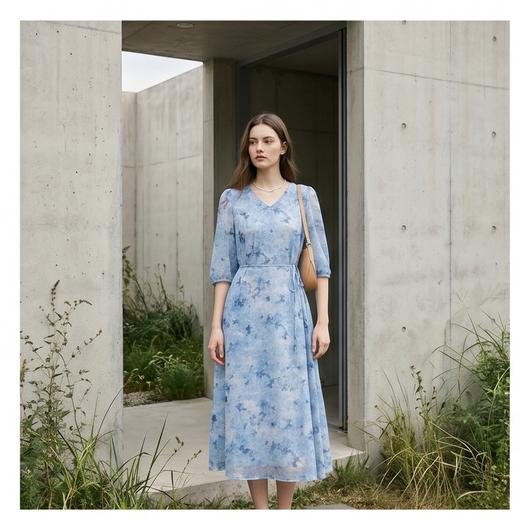 PALUOPO/PL桑蚕丝V领减龄印花优雅气质时尚真丝连衣裙ES250830Z 商品图0