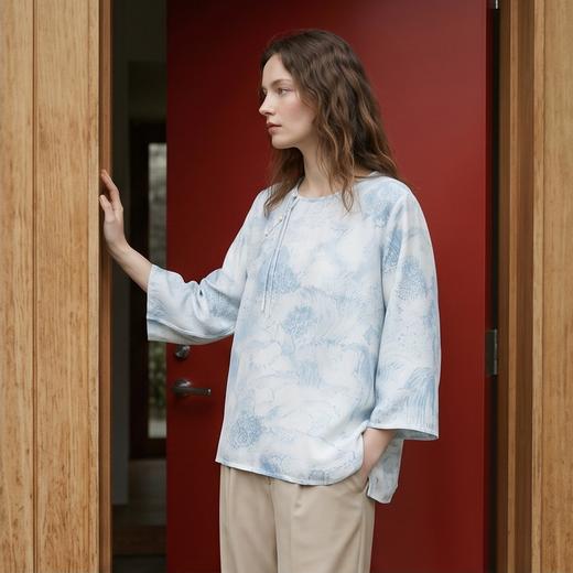 PALUOPO/PL19姆米桑波缎圆领宽松国风印花重磅桑蚕丝T恤ES2F1027Z 商品图2