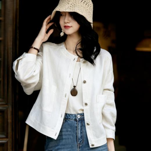 下单3-5天发货！LONGNVFAIR 天丝醋酸圆领紫色短外套/ 亚麻天丝大口袋白色短外套 自带“空调纤维”属性 轻盈透气吸湿速干 宽松落肩剪裁 遮肉显瘦 包容各种身材 商品图11