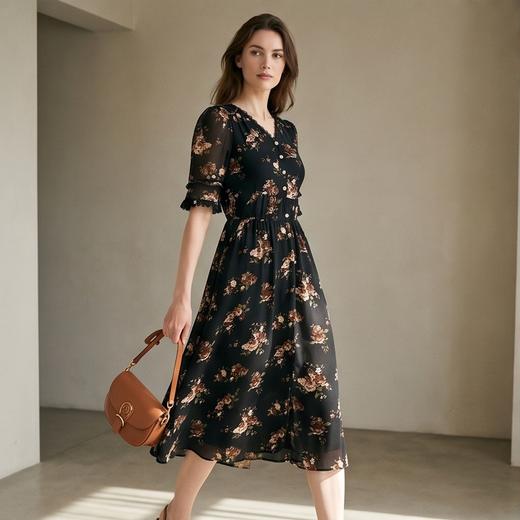 PALUOPO/PLV领五分袖碎花通勤中长款真丝连衣裙ES21797Z-B 商品图3