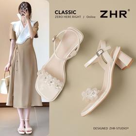 ZHR一字带粗跟凉鞋女2026新款夏季外穿配裙子软底轻便百搭高跟鞋