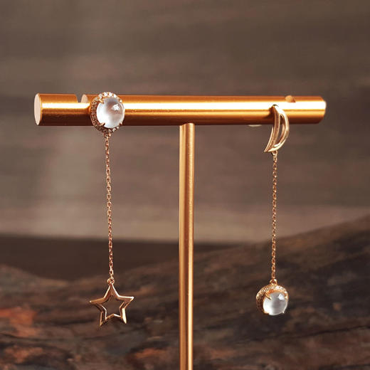【天然正品】A货翡翠 AU750黄金镶钻镶鸳鸯星月款天然细腻白色高冰种蛋面翡翠耳坠 281025AH28 商品图3