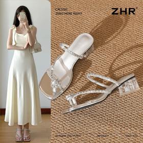 ZHR则则闪耀水钻方头粗跟拖鞋女鞋2026夏季新款时髦气质百搭凉鞋