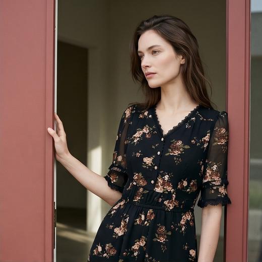 PALUOPO/PLV领五分袖碎花通勤中长款真丝连衣裙ES21797Z-B 商品图2