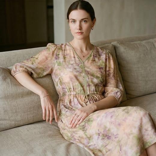 PALUOPO/PL桑蚕丝V领高级感印花优雅减龄真丝连衣裙ES250981Z 商品图3