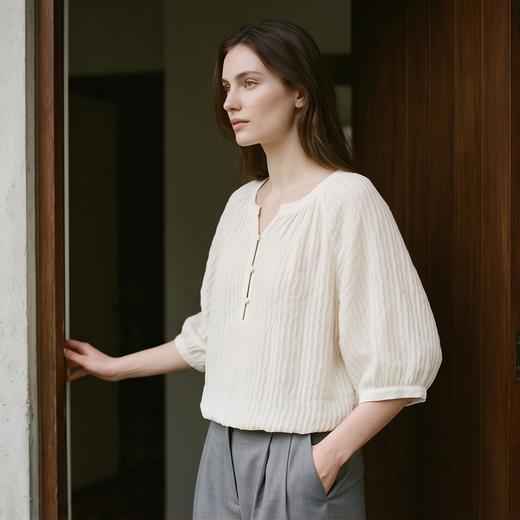 PALUOPO/PL桑蚕丝小V领减龄时尚百搭宽松显瘦真丝T恤ES250868Z帕罗 商品图10