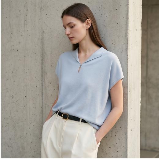 PALUOPO/PL翻领宽松显瘦舒适透气含羊毛针织T恤ES250663M 商品图2